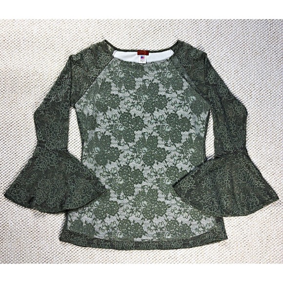 Scully Tops - Scully Sage Green Floral Lace Bell Sleeve Blouse Medium Made in USA Western Boho